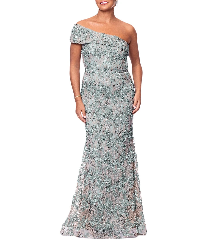 Xscape Soutache Lace Floral Print One-Shoulder Neck Sleeveless Sheath Gown