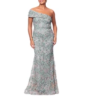 Xscape Soutache Lace Floral Print One-Shoulder Neck Sleeveless Sheath Gown