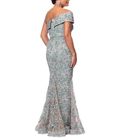 Xscape Soutache Lace Floral Print One-Shoulder Neck Sleeveless Sheath Gown