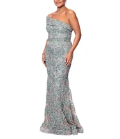 Xscape Soutache Lace Floral Print One-Shoulder Neck Sleeveless Sheath Gown