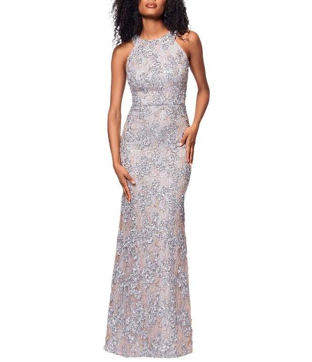 Xscape Soutache Lace Halter Neck Sleeveless Sheath Gown | Liberty Center