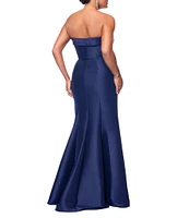Xscape Strapless Ruched Waist Ruffle Front Stretch Mikado Aline Gown