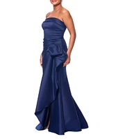 Xscape Strapless Ruched Waist Ruffle Front Stretch Mikado Aline Gown