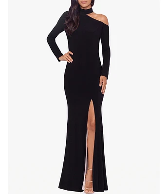 Xscape Stretch Asymmetrical Cut-Out Mock Neck Long Sleeve Gown