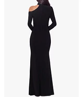 Xscape Stretch Asymmetrical Cut-Out Mock Neck Long Sleeve Gown