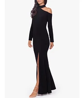 Xscape Stretch Asymmetrical Cut-Out Mock Neck Long Sleeve Gown