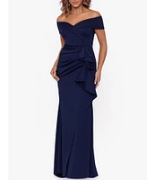 Xscape Stretch Off-the-Shoulder Short Sleeve Mermaid Gown with Ruffle