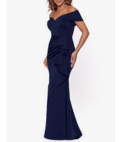 Xscape Stretch Off-the-Shoulder Short Sleeve Mermaid Gown with Ruffle