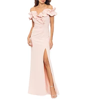 Xscape Stretch Ruffle Off-the-Shoulder Ruched Back Gown