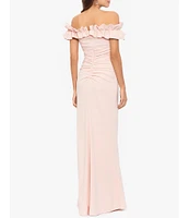 Xscape Stretch Ruffle Off-the-Shoulder Ruched Back Gown