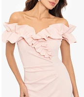 Xscape Stretch Ruffle Off-the-Shoulder Ruched Back Gown