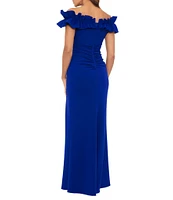 Xscape Stretch Ruffle Off-the-Shoulder Ruched Back Gown