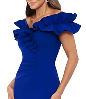 Xscape Stretch Ruffle Off-the-Shoulder Ruched Back Gown