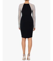 Xscape Stretch Square Neckline Beaded Long Sleeve Bodycon Dress