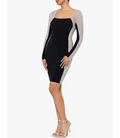 Xscape Stretch Square Neckline Beaded Long Sleeve Bodycon Dress