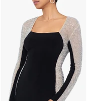 Xscape Stretch Square Neckline Beaded Long Sleeve Bodycon Dress