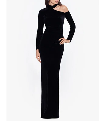 Xscape Stretch Velvet Asymmetrical Mock Neck Long Sleeve Gown