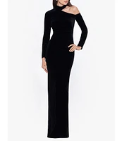 Xscape Stretch Velvet Asymmetrical Mock Neck Long Sleeve Gown