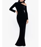 Xscape Stretch Velvet Asymmetrical Mock Neck Long Sleeve Gown