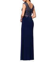 Xscape V-Neck Bead Bodice Front Slit Knit Jersey Sheath Gown