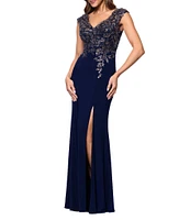 Xscape V-Neck Bead Bodice Front Slit Knit Jersey Sheath Gown