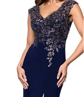 Xscape V-Neck Bead Bodice Front Slit Knit Jersey Sheath Gown