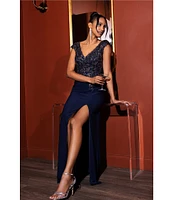Xscape V-Neck Bead Bodice Front Slit Knit Jersey Sheath Gown