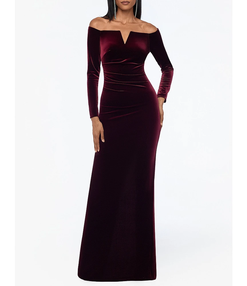 Xscape Velvet Off The Shoulder Split Neck Long Sleeve Pleated Front Gathered Back Gown