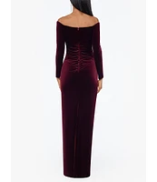 Xscape Velvet Off The Shoulder Split Neck Long Sleeve Pleated Front Gathered Back Gown