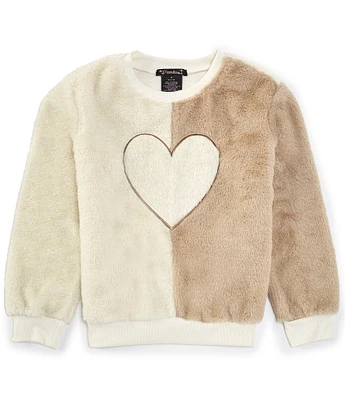 Xtraordinary Big Girls 7-16 Long Sleeve Two-Tone Color Block Spliced Heart-Applique Faux-Fur Sweater