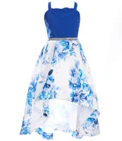 Xtraordinary Big Girls 7-16 Scalloped Neck Jeweled Waist Floral High-Low Scuba Dress