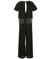 Xtraordinary Big Girls 7-16 Short-Sleeve Fringe-Trimmed Metallic Velvet Jumpsuit