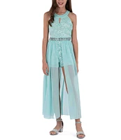 Xtraordinary Big Girls 7-16 Sleeveless Cut-Out Jeweled Waist Chiffon Walk-Through Glitter Lace Romper