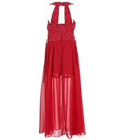 Xtraordinary Big Girls 7-16 Sleeveless Cut-Out Jeweled Waist Chiffon Walk-Through Glitter Lace Romper