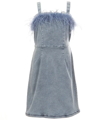 Xtraordinary Big Girls 7-16 Sleeveless Faux-Feather-Trimmed Denim A-Line Dress