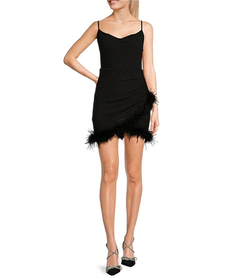 Xtraordinary Cowl Neck Feather Trim Bodycon Wrap Dress