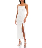 Xtraordinary Drape Neck Shirred Side Slit Drawstring Midi Dress