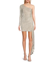 Xtraordinary One Shoulder Sequin Wrap Drape Mini Dress