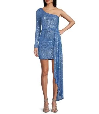 Xtraordinary One Shoulder Sequin Wrap Drape Mini Dress