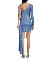 Xtraordinary One Shoulder Sequin Wrap Drape Mini Dress