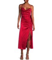 Xtraordinary Satin Cowl Neck Shirred Side Slit Midi Dress