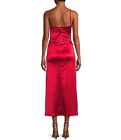 Xtraordinary Satin Cowl Neck Shirred Side Slit Midi Dress