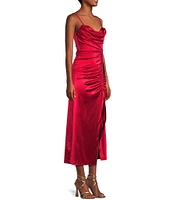 Xtraordinary Satin Cowl Neck Shirred Side Slit Midi Dress