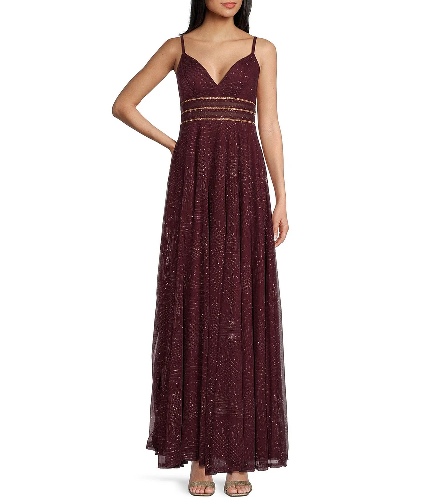 Xtraordinary Spaghetti Strap V-Neck Illusion Waist Glitter Mesh Long Dress