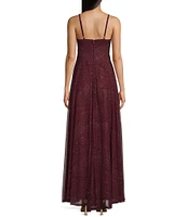 Xtraordinary Spaghetti Strap V-Neck Illusion Waist Glitter Mesh Long Dress