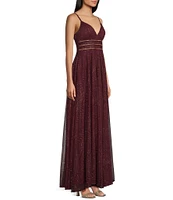 Xtraordinary Spaghetti Strap V-Neck Illusion Waist Glitter Mesh Long Dress