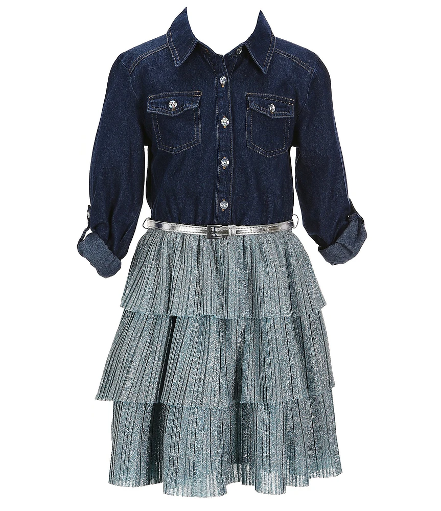 Zunie Big Girls 7-16 Long Sleeve Denim Bodice/Tutu-Skirted Fit & Flare Dress