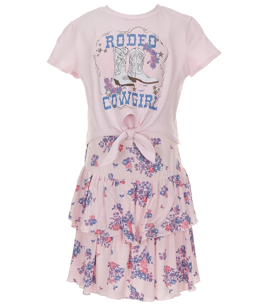 Zunie Big Girls 7-16 Sleeveless Floral-Printed Challis Long Dress & Short Sleeve Cowgirl Rodeo T-Shirt Set