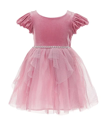 Zunie Little Girls 2-6X Bubble-Sleeve Velvet/Cascading Mesh Skirted Fit-And-Flare Dress