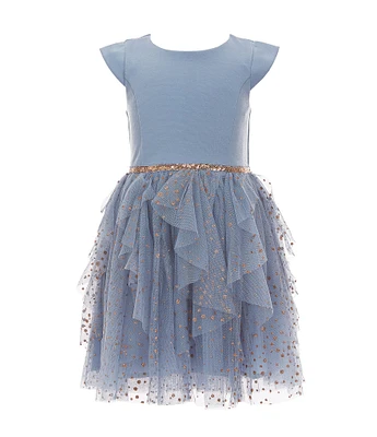 Zunie Little Girls 2-6X Short-Sleeve Ponte-Bodice/Glitter-Accented Cascading Mesh-Skirted Fit-And-Flare Dress